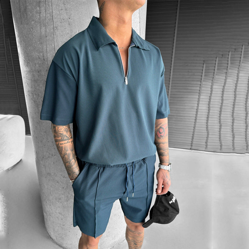 Men's summer set, short-sleeved polo shirt, zipper, drawstring shorts