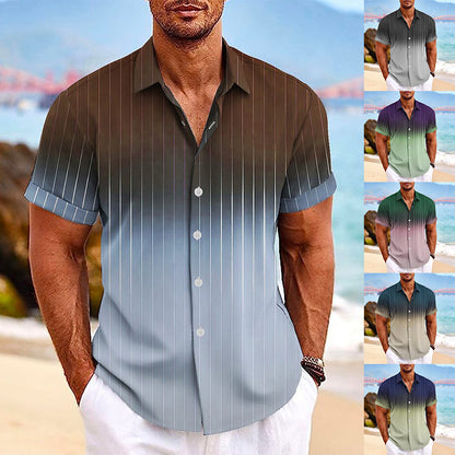 Camisa de manga corta con botones de solapa y estampado de rayas degradadas para hombre