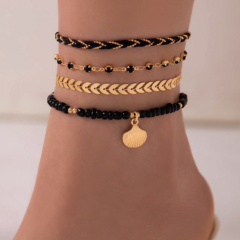 Set of 4 Bohemian Geometric Alloy Black Beads Oil Drop Anklets
