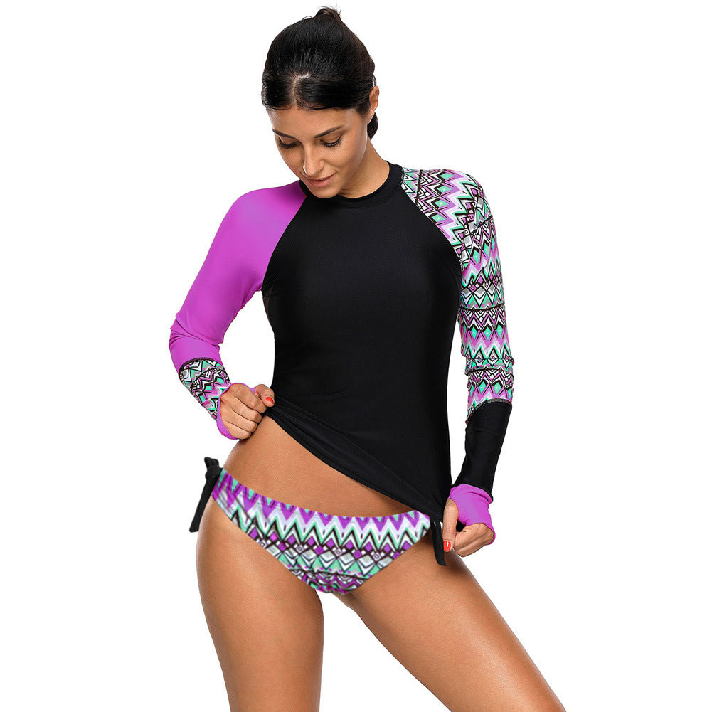 Women's Printed Low Waist Round Neck Lace-Up Swimsuit