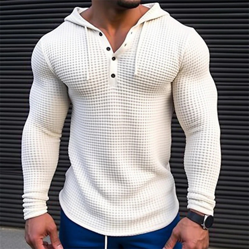 Men's Casual Long Sleeve Waffle Style Slim Fit Solid Color T-Shirt