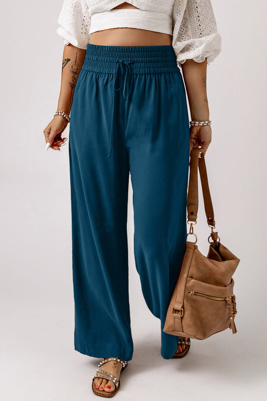 Pantalones anchos casuales con cintura elástica y cordón azul