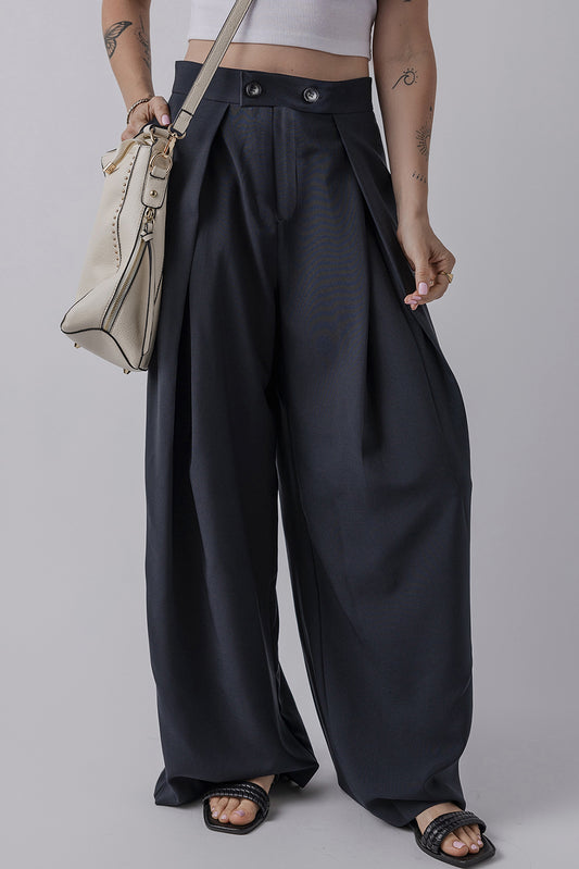Pantalones anchos plisados de cintura alta con dos botones en azul sucio