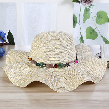 Sombrero de paja tejido a mano con piedras para mujer