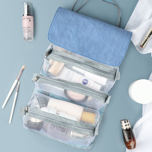 Bolsa de maquillaje plegable de gran capacidad para viajes con cremallera interior y asa