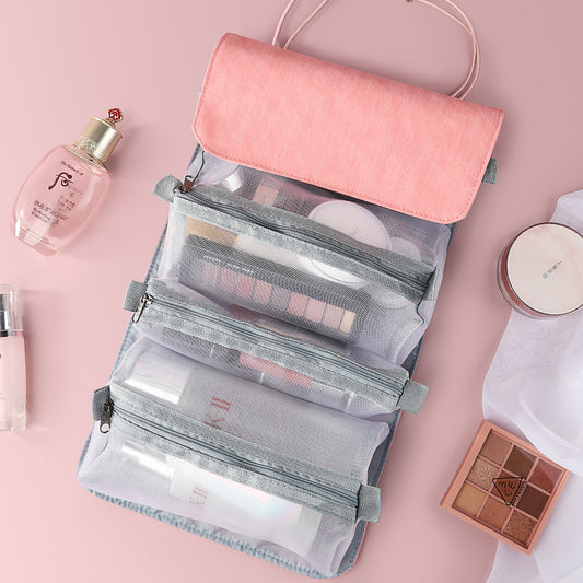 Bolsa de maquillaje plegable de gran capacidad para viajes con cremallera interior y asa