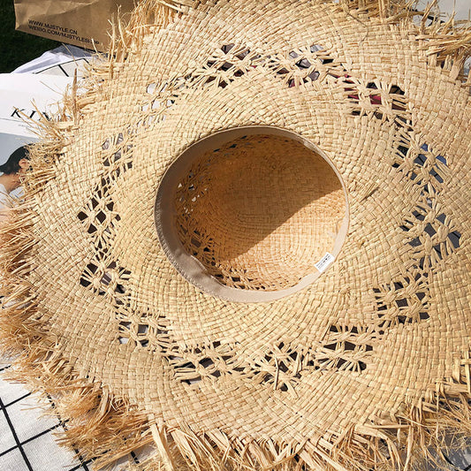 Sombrero de paja natural con lazo de ala ancha Panamá de verano para mujer