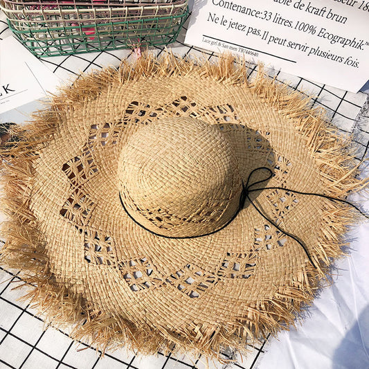 Sombrero de paja natural con lazo de ala ancha Panamá de verano para mujer