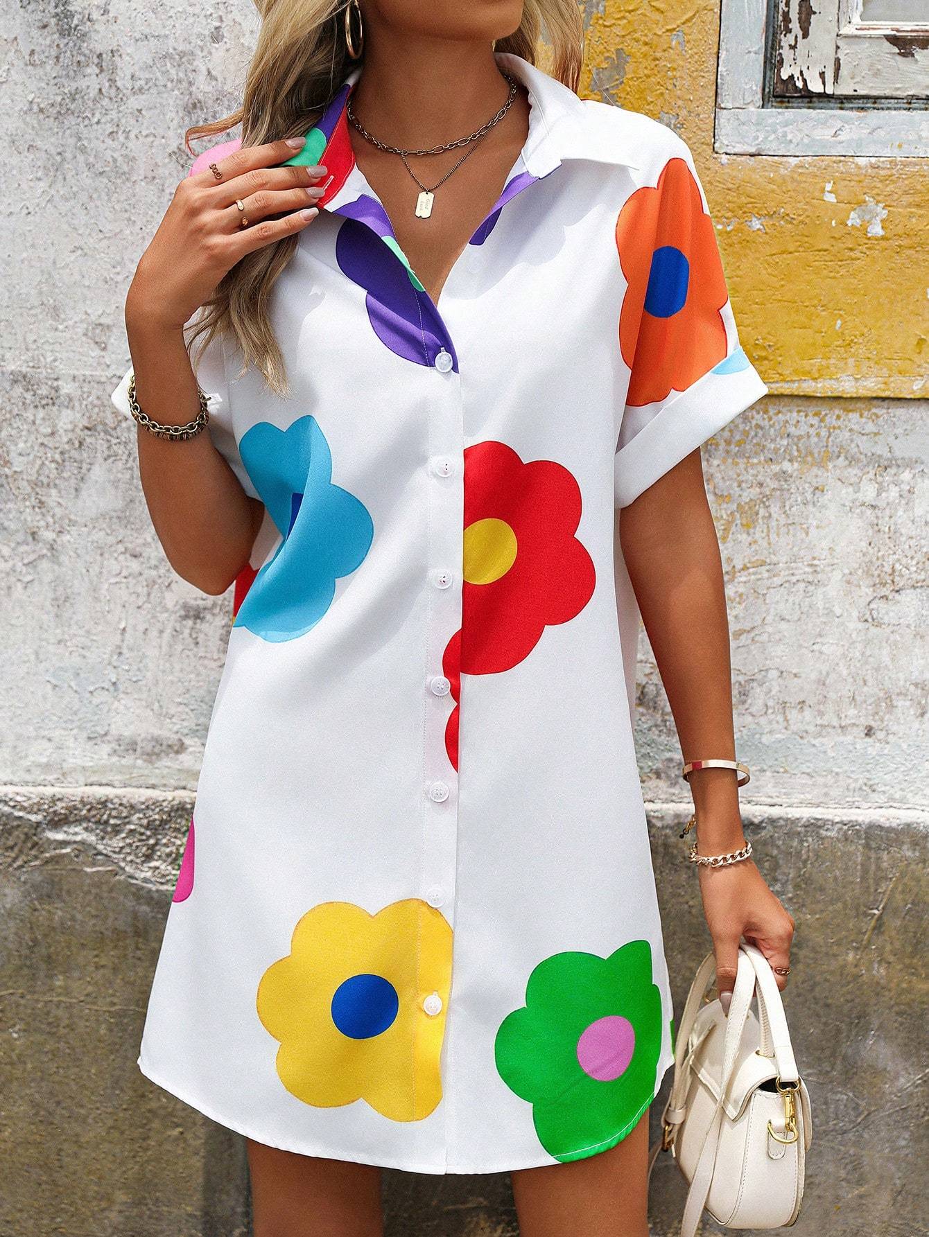 Casual short-sleeved floral print shirt dress