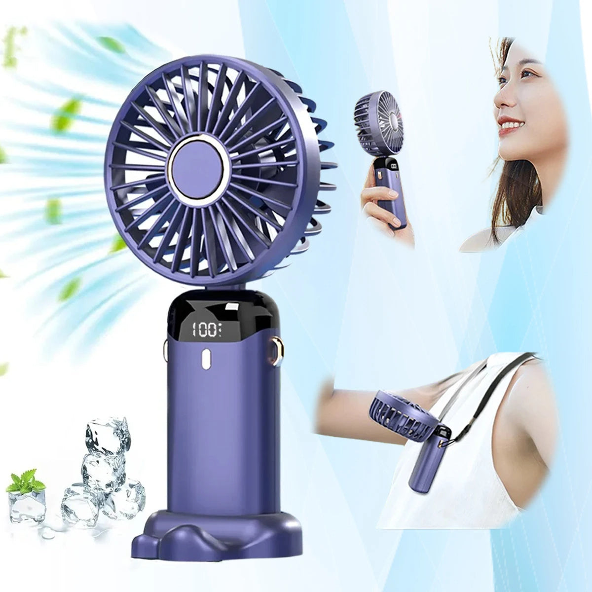 Mini ventilador eléctrico portátil de mano recargable por USB plegable para colgar en el cuello ajustable con 5 velocidades