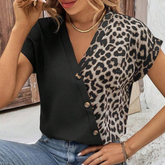 Camisa de mujer de cuello en V manga murciélago con estampado animal print