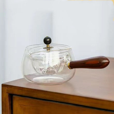 Durable glass tea pot with infuser and wooden handle