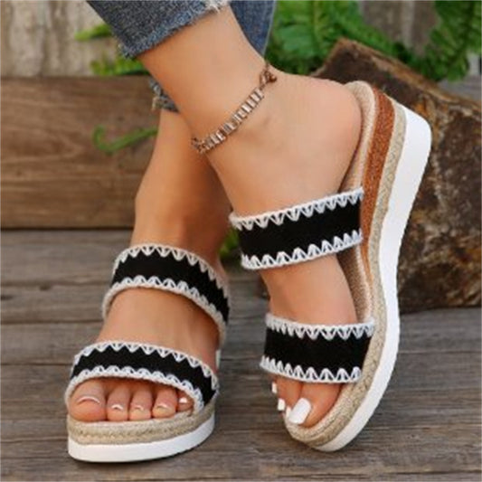 Sandalias de cuña tejidas con cuerda de cáñamo estilo étnico de verano para mujer