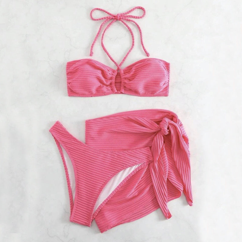 Women's Solid Color Striped 3-Piece Swimsuit