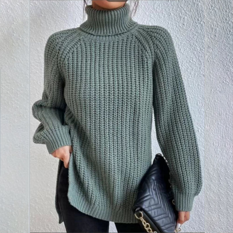 Suéter de cuello alto con diseño dividido color sólido y manga larga