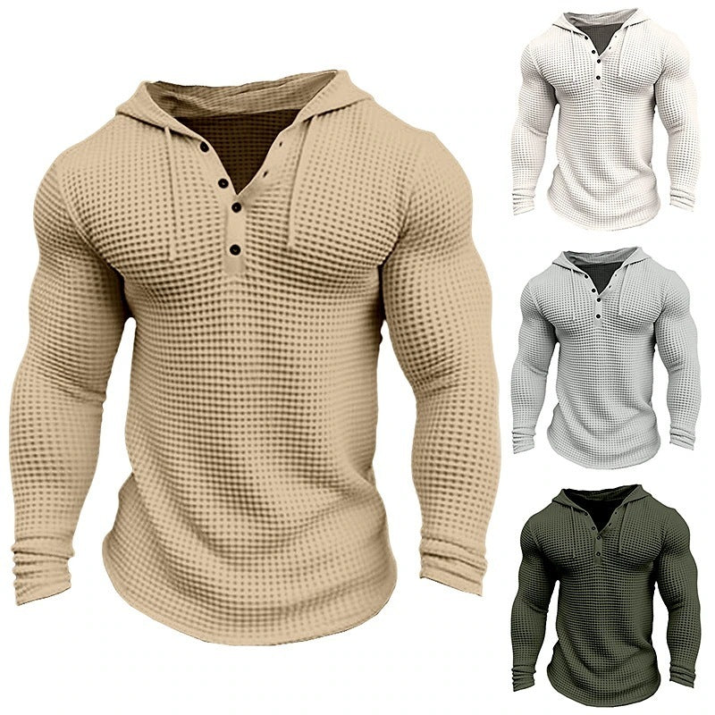 Men's Casual Long Sleeve Waffle Style Slim Fit Solid Color T-Shirt