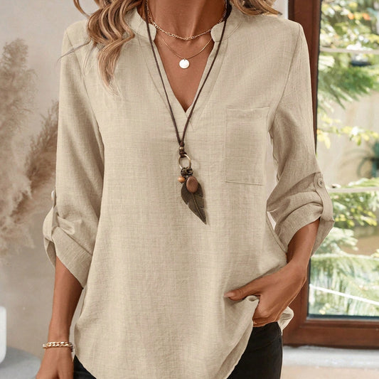 Blusa camisera  manga larga de cuello entallado  primavera