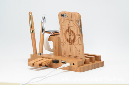 Soporte universal para teléfono móvil y tableta de madera de bambú con puertos USB y base de carga
