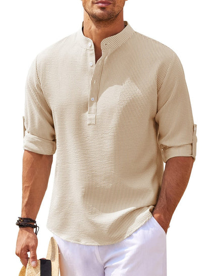 Men's Casual Summer Pineapple Textured Button-Down Stand-Up Collar Shirt