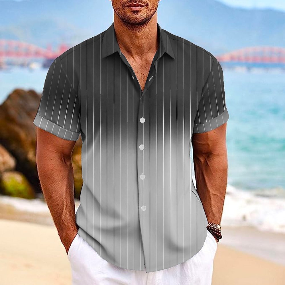 Camisa de manga corta con botones de solapa y estampado de rayas degradadas para hombre