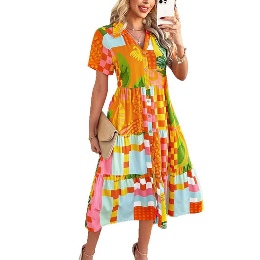 Vestido de cintura alta con estampado geométrico y contraste de colores
