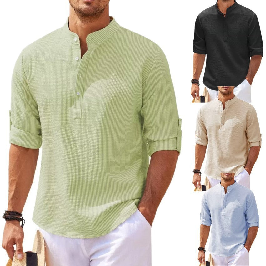 Men's Casual Summer Pineapple Textured Button-Down Stand-Up Collar Shirt