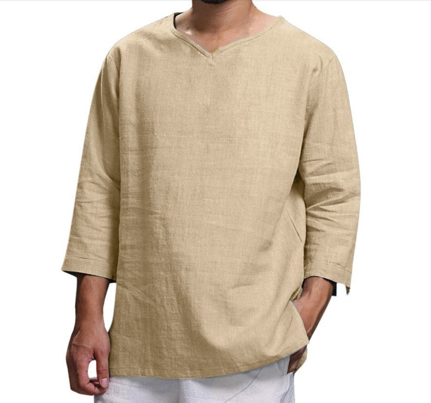 Men's Casual Loose V-Neck Cotton Linen Long-Sleeved Shirt