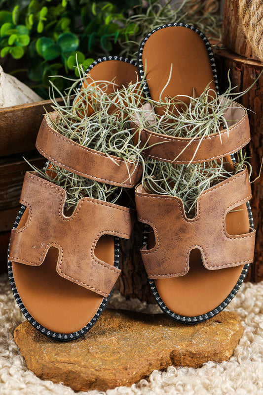 Brown faux leather flip flops with H-shaped cutout band