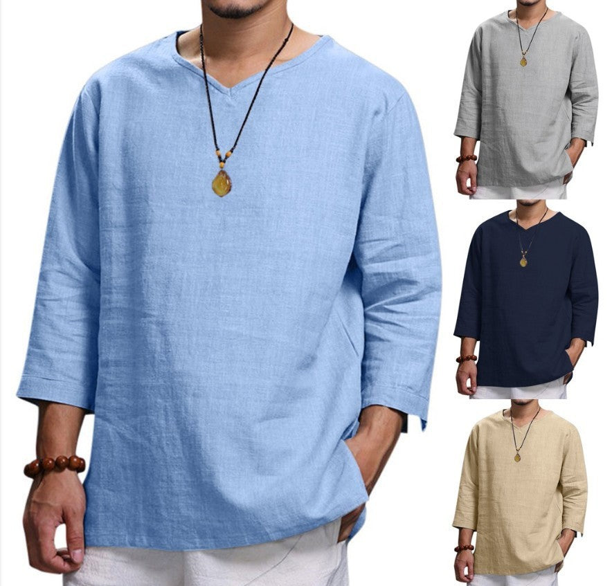 Men's Casual Loose V-Neck Cotton Linen Long-Sleeved Shirt