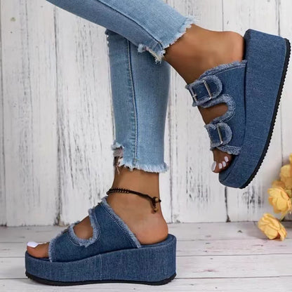 Fashionable denim buckle wedge flip flops for summer