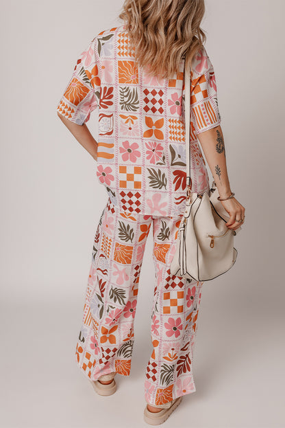 Conjunto camisa cuello estampado cuadros plantas naranja y pantalón ancho