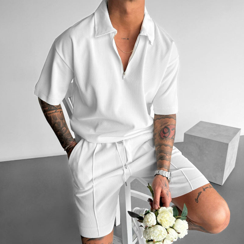 Men's summer set, short-sleeved polo shirt, zipper, drawstring shorts
