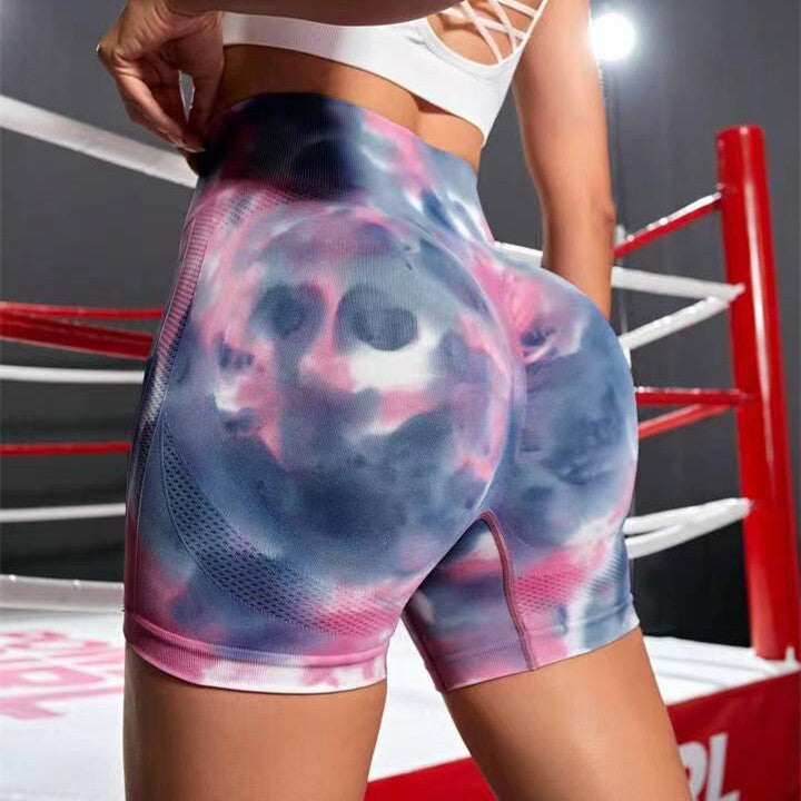 Pantalones cortos de yoga tie-dye con elevación de cadera sin costuras