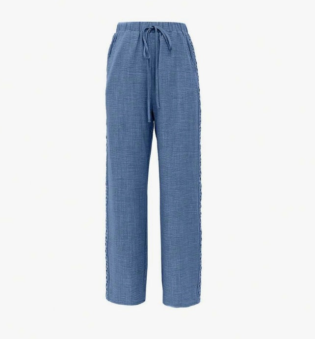 Pantalones largos casuales con efecto de mezclilla lisa y encaje lateral para mujer