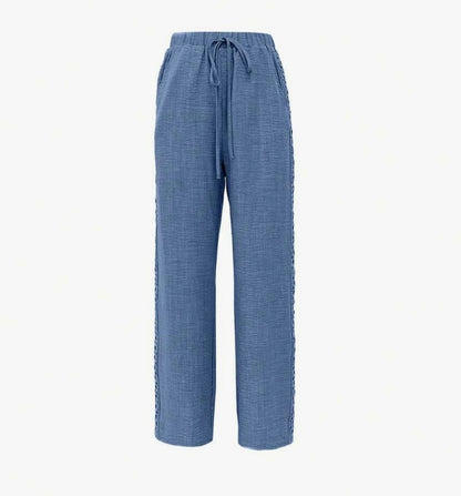 Pantalones largos casuales con efecto de mezclilla lisa y encaje lateral para mujer