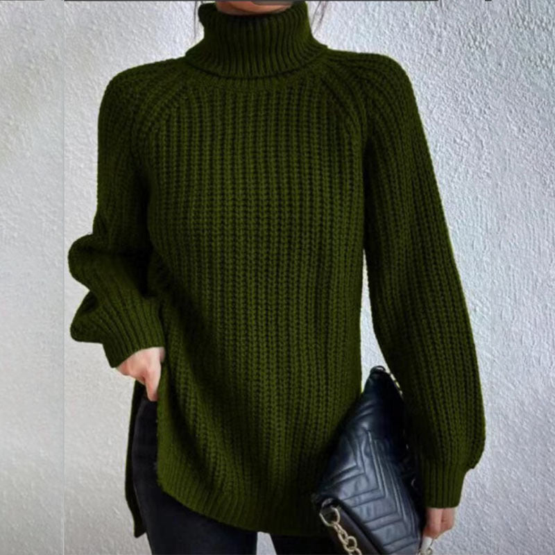 Suéter de cuello alto con diseño dividido color sólido y manga larga