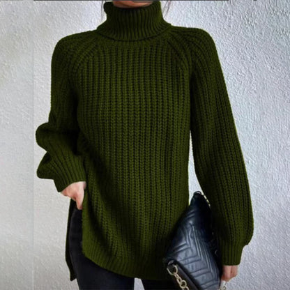 Suéter de cuello alto con diseño dividido color sólido y manga larga