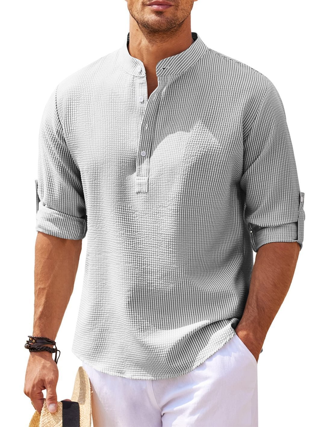 Men's Casual Summer Pineapple Textured Button-Down Stand-Up Collar Shirt