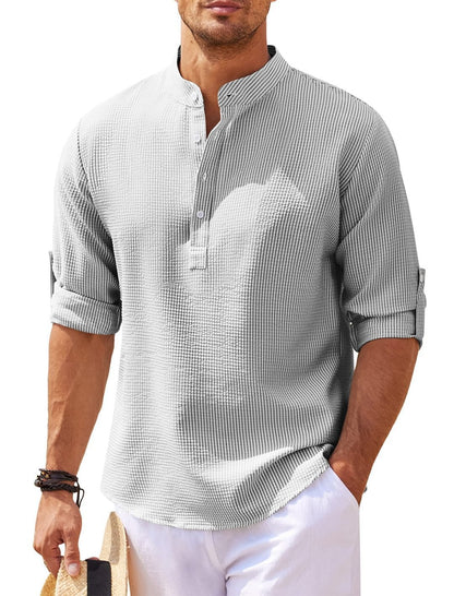 Men's Casual Summer Pineapple Textured Button-Down Stand-Up Collar Shirt
