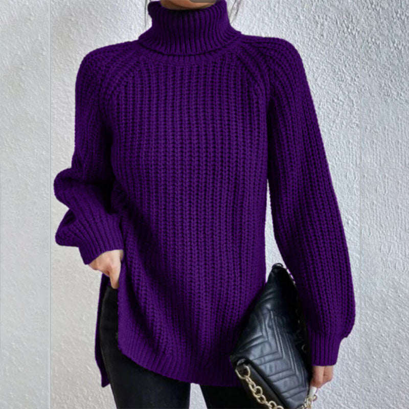 Suéter de cuello alto con diseño dividido color sólido y manga larga