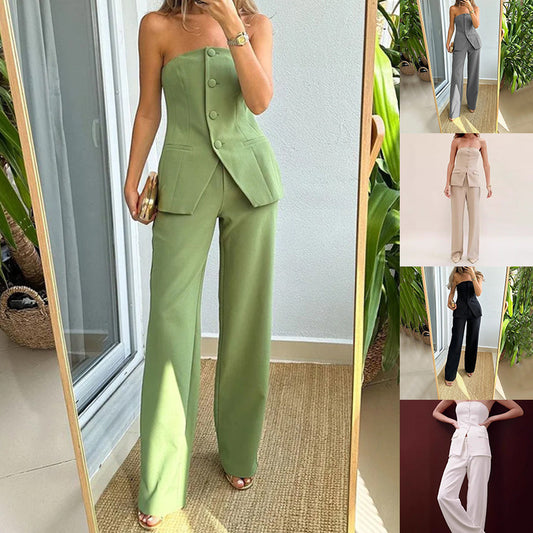 Conjunto elegante de top de tubo con botones sin mangas y pantalones rectos para mujer