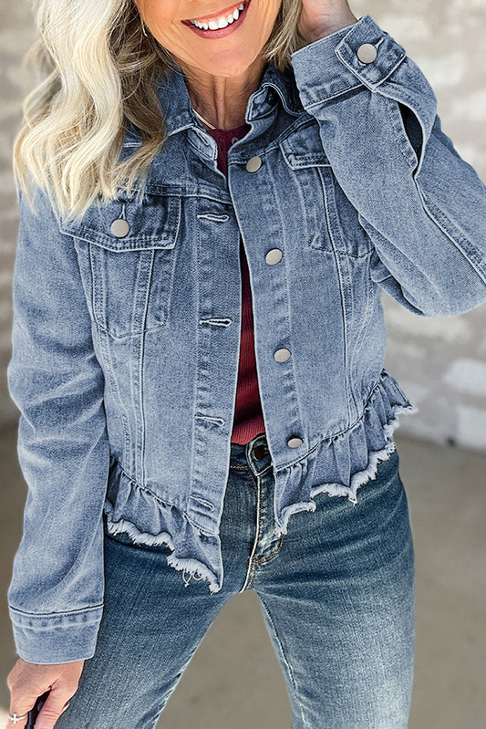 Chaqueta vaquera con bolsillos y solapa con volantes en azul Beau