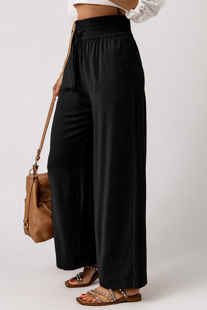 Pantalones anchos casuales con cintura elástica y cordón negro