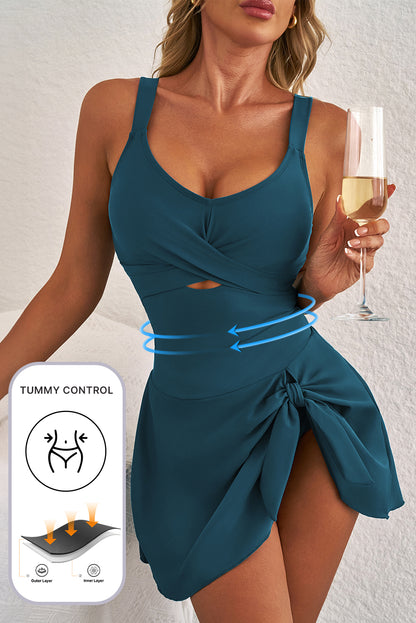 Vestido de baño de una pieza con tirantes ajustables, abertura con nudo fruncido color verde mar