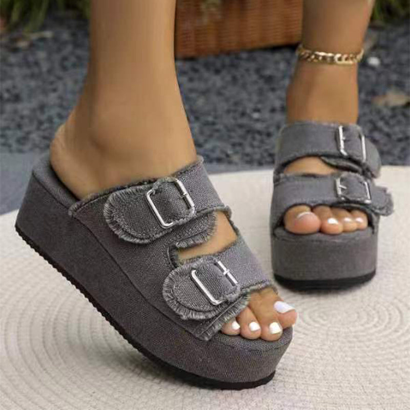 Fashionable denim buckle wedge flip flops for summer