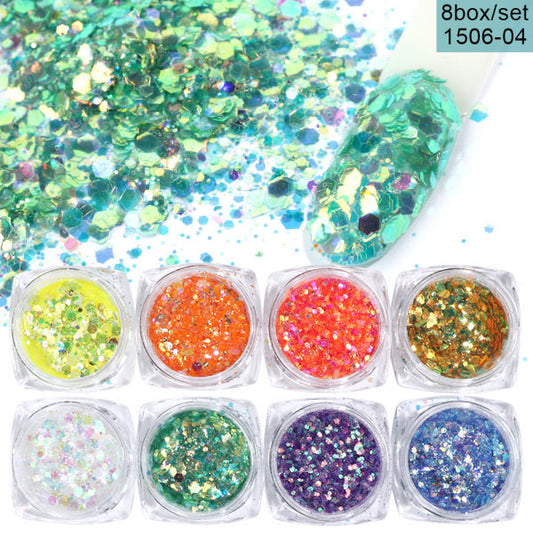 Set of 8 glitter powder flakes for nail art decoration