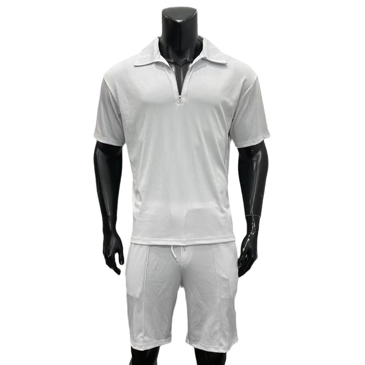 Men's summer set, short-sleeved polo shirt, zipper, drawstring shorts