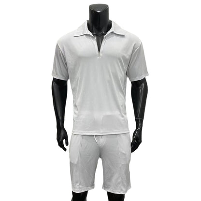 Men's summer set, short-sleeved polo shirt, zipper, drawstring shorts