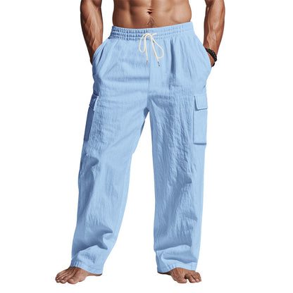 Men's straight-leg multi-pocket linen trousers
