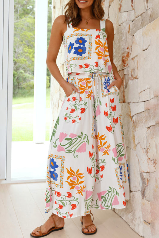 Conjunto de camiseta sin mangas con cuello cuadrado y pantalones anchos con estampado de colores blancos